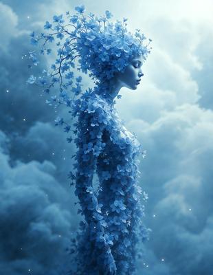 The primary subject of the image is a woman with a blue flower crown on her head. She is standing in a cloudy blue sky, which serves as the setting for the scene. The visual style of the image is digital art, as it is a detailed and intricate illustration of the woman. The dominant colors in the image are blue and white, creating a serene and dreamy atmosphere.